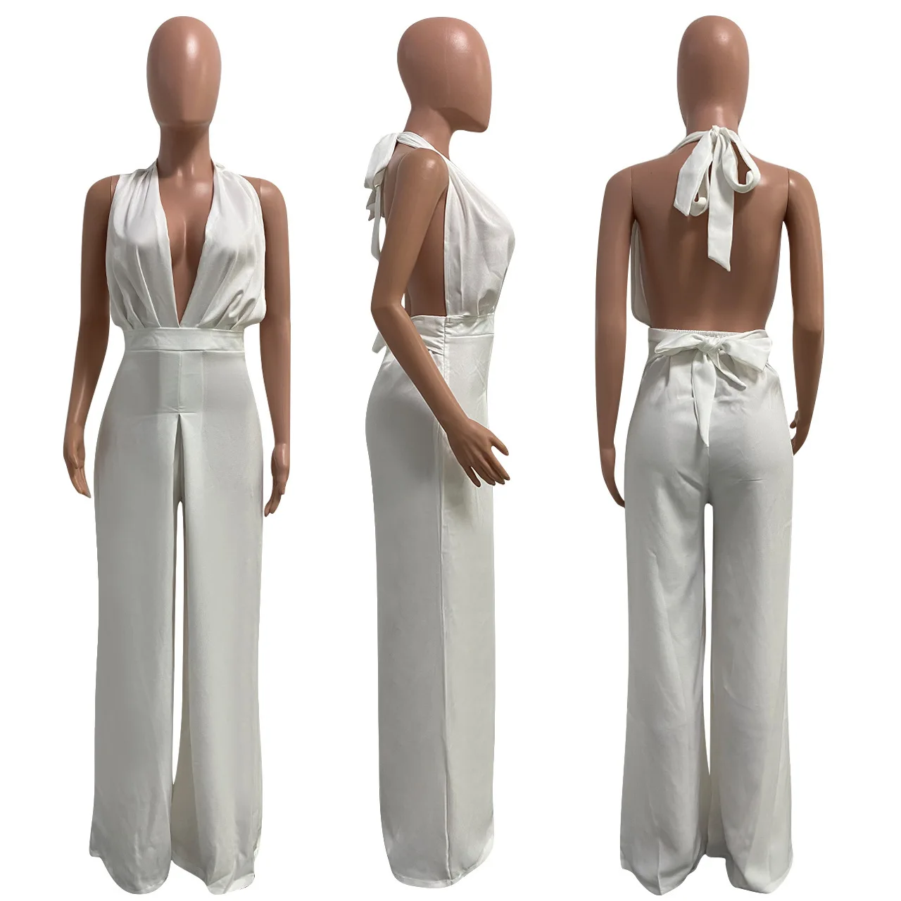 2022 Spring Women Jumpsuit Long Wide Pants Solid Color Deep V-neck Streetwear Hater Backless Party Night Clothes For Women