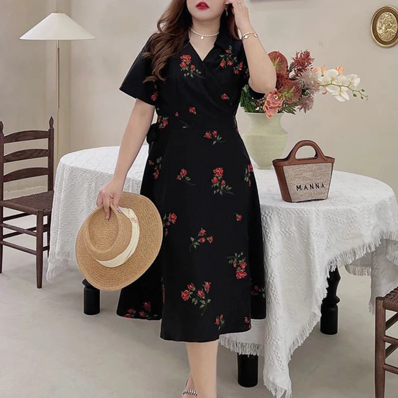 

Платье женское ТРАПЕЦИЕВИДНОЕ с принтом, элегантное ретро-платье с коротким рукавом и высокой талией, с розами, с французским лацканом, на лето