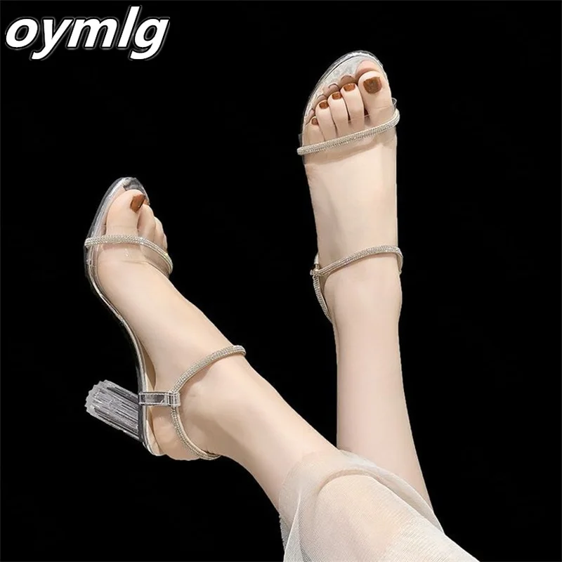 

2022 summer new thick heel sandals transparent fashion rhinestone open toe high heels comfortable women's shoes