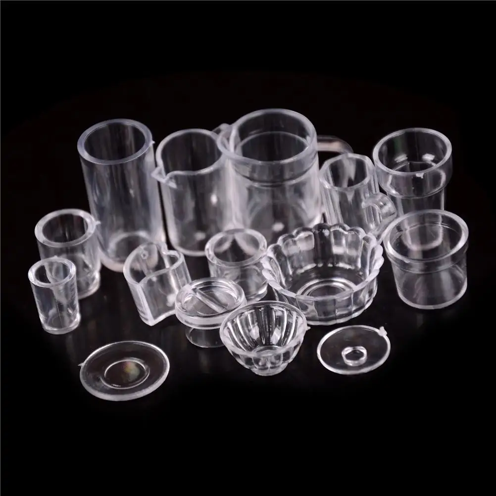 15Pcs/Set Miniature Transparent Plastic Plate Cup Dishes Bowl Tableware Set 1:12 Scale Doll Food Kitchen Cooking Accessories