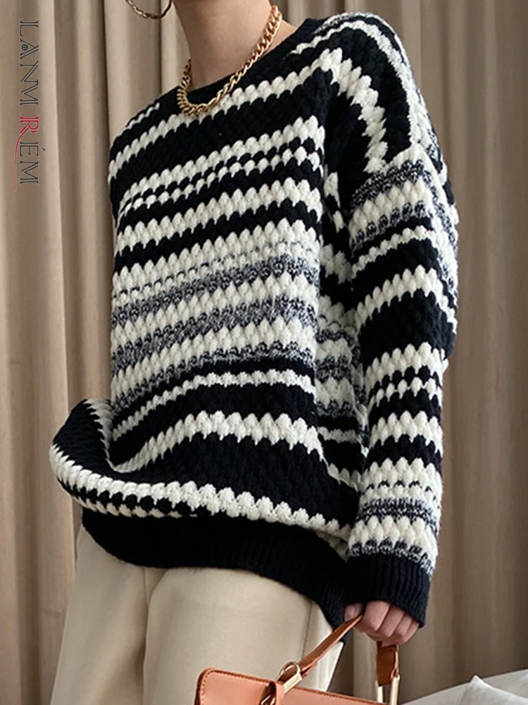

Женский пуловер в черно-белую полоску LANMREM, повседневный трикотажный пуловер с круглым вырезом и длинными рукавами, новинка 2022, 2L2170