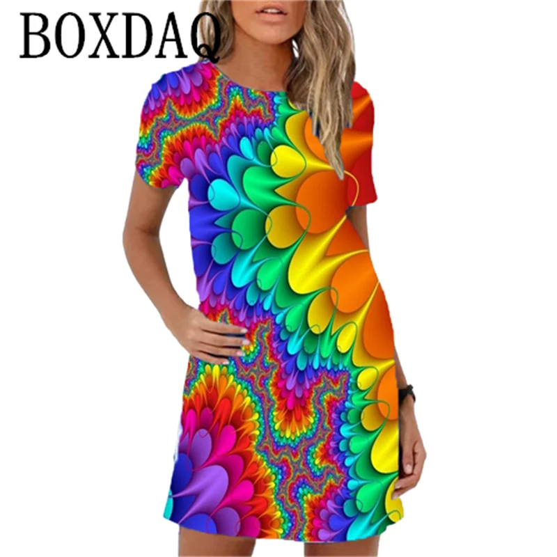 

Multi Color Tie Dye Pattern Print Dress For Women Summer Beach 2023 New Sundress Casual Short Sleeve 3D Pattern Loose Mini Dress