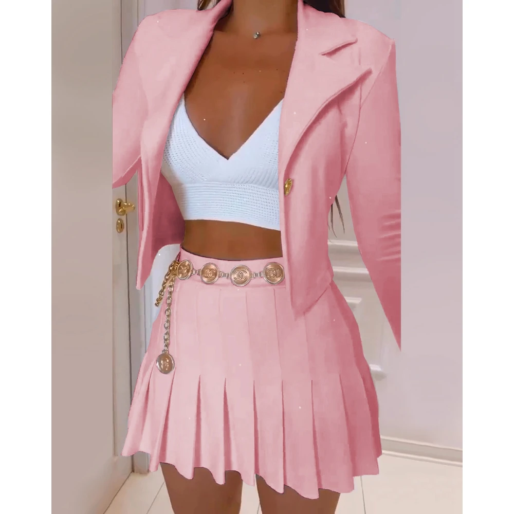 

2022 Spring New Two-piece Square Collar Single Buckle Coat +Fashion Mini Pleated Skirt Casual Women's Suit Skirt