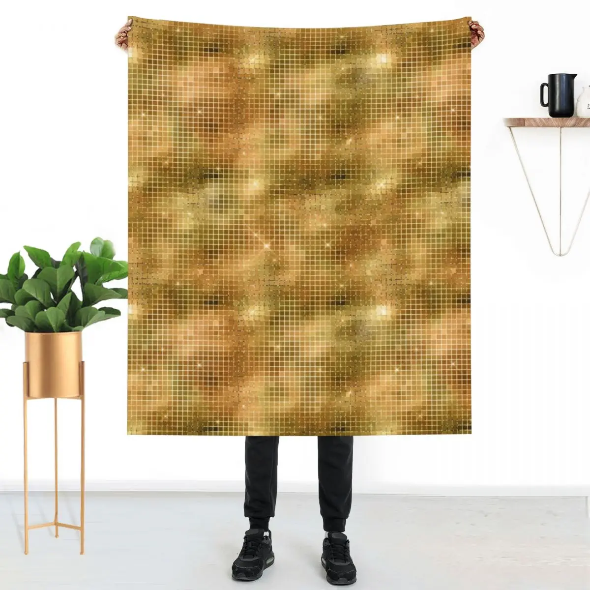 

Faux Disco Ball Blanket Golden Squares Print Warm Winter Bedroom Throw Blanket Cute Luxury Blankets