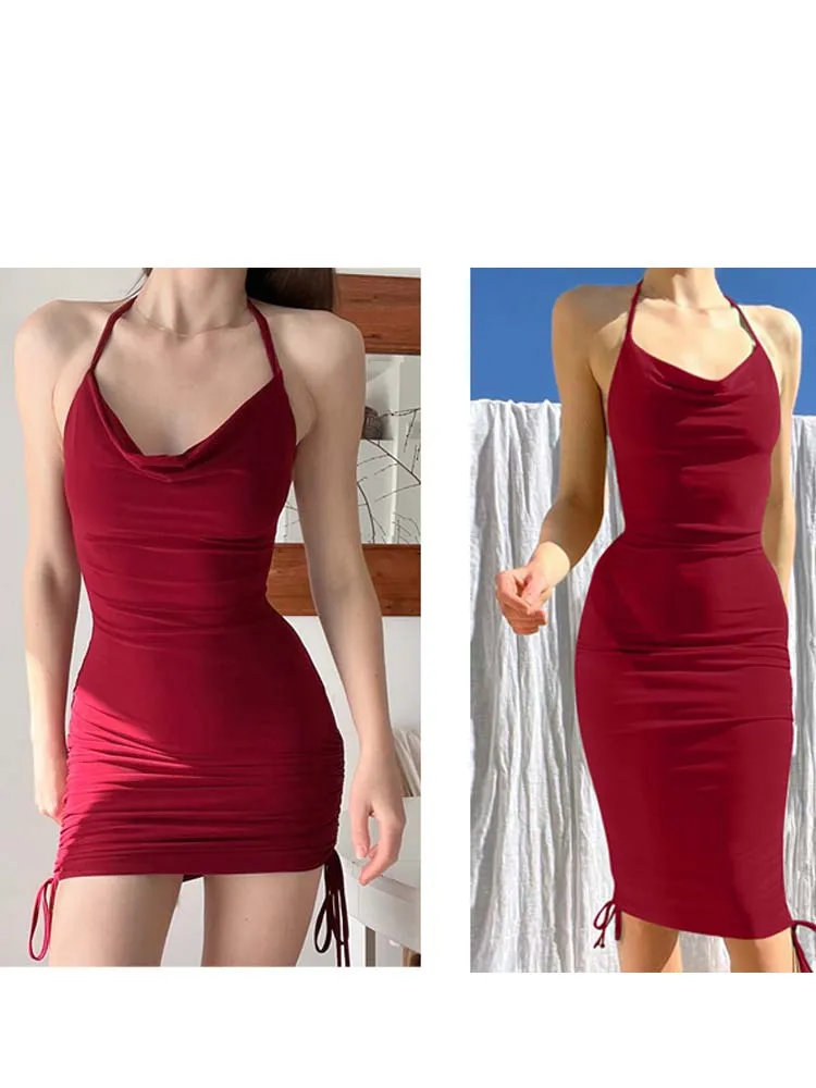 

2022 Summer Fashion Sexy Dress Render Skirt Slim-fitting Halter Frock With Wrinkle Drawstring Party Office Dress