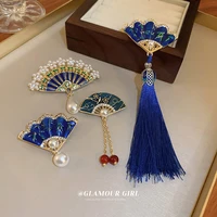 minar vintage simulated pearl rhinestone fan waterdrop brooches for women girl royal blue color enamel tassel brooch accessories