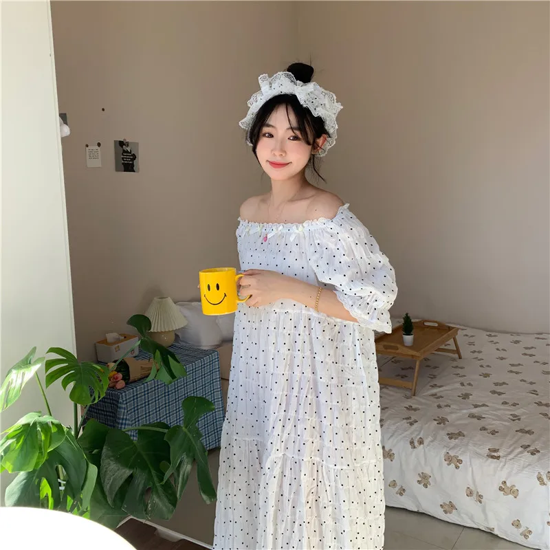 

French romance One word collar Sleepwear Soft Wear out Home Fashionable NightDress Elegant Simple Sweet Princess Kawaii