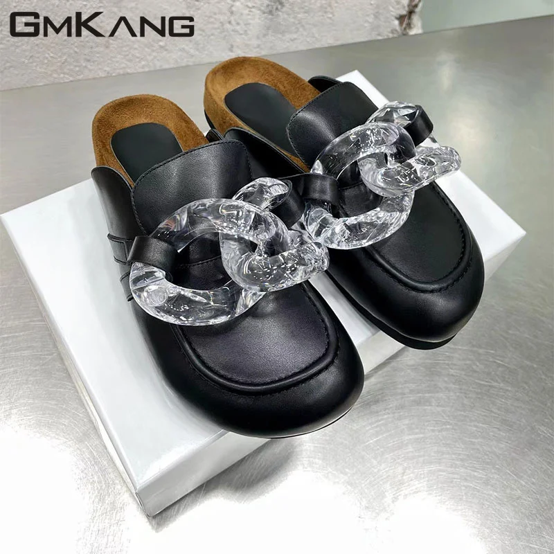 Chain Decoration Thick Bottom Slippers Women Black White Genuine Leather Mules Women Flat Slippers Women Zapatillas Mujer