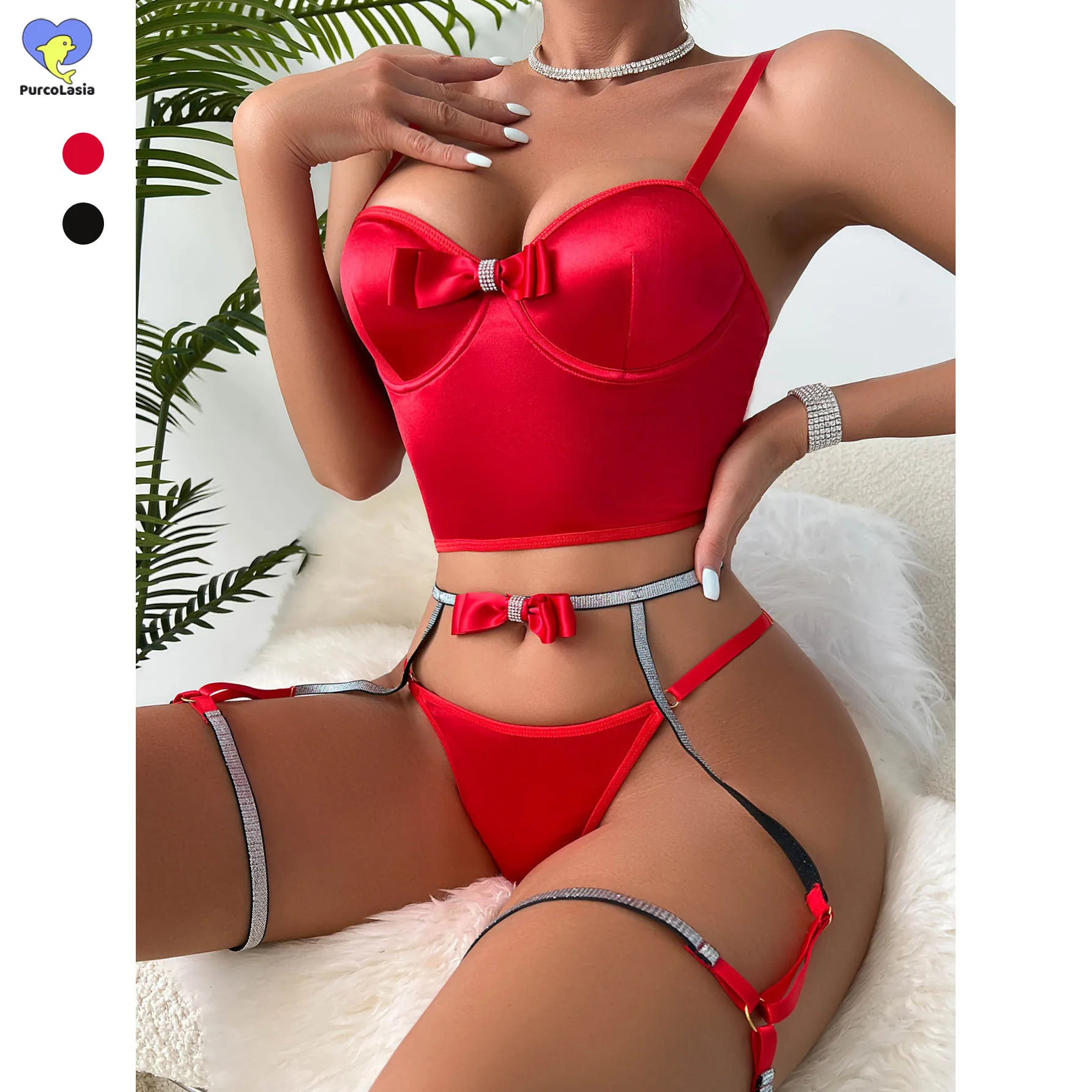 

Red Satin Seamless Lingerie Set Fine Intimate Sexy Bowknot Fancy Erotic Underwear Women Bra Panty Garter Thongs