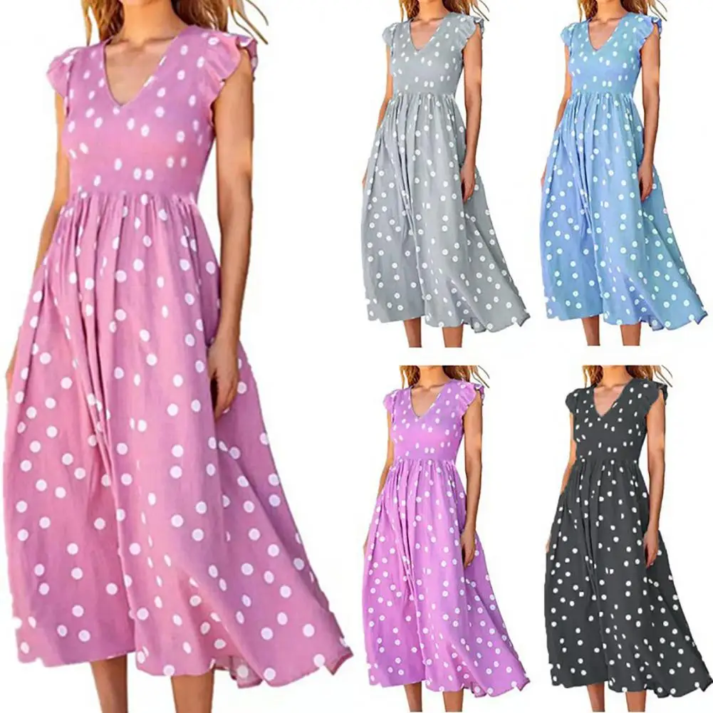 

Ruffle Sleeve Trim Waist Tight Elegant Dress Large Hem V-neck Dot Printing Ladies Midi Dress Streetwear