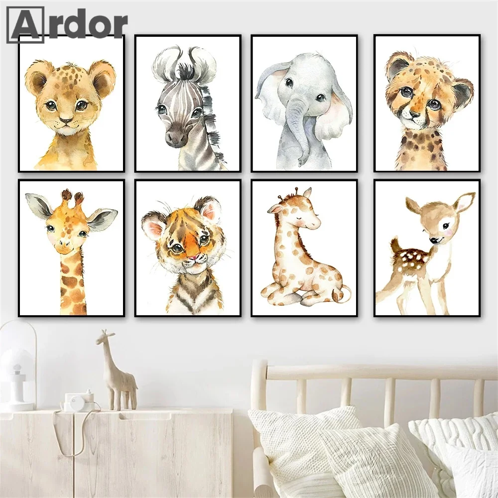 

Elephant Zebra Fox Rabbit Giraffe Tiger Squirrel Raccoon Watercolor Animal Poster Cartoon Children Room Painting Baby Room Decor