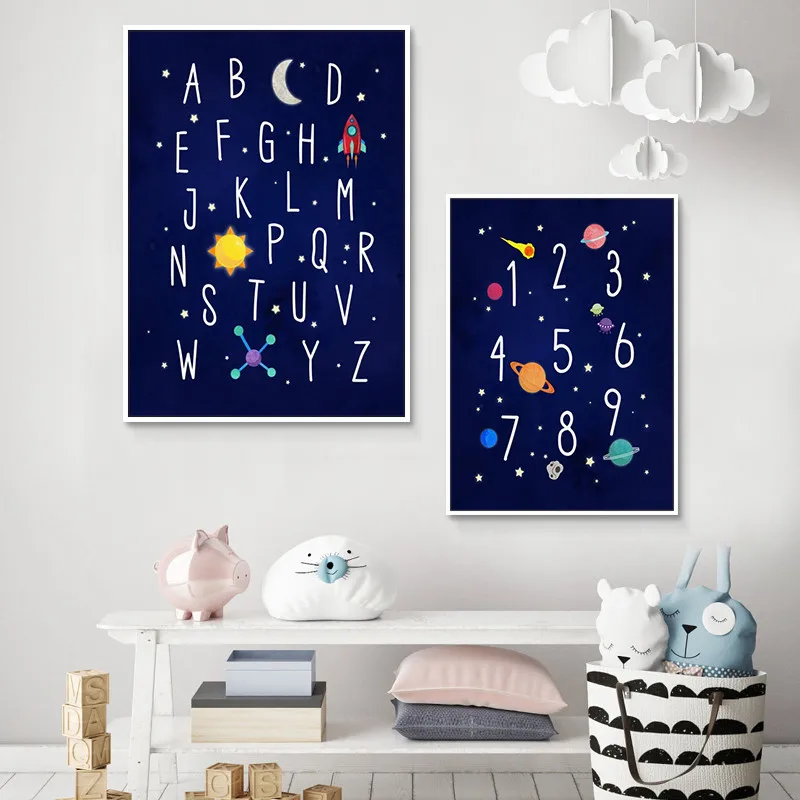 

Colourful Numbers and Alphabet Canvas Painting Outer Space Wall Art Rocket Ship Poster Nursery Decor Boys Room Decoration