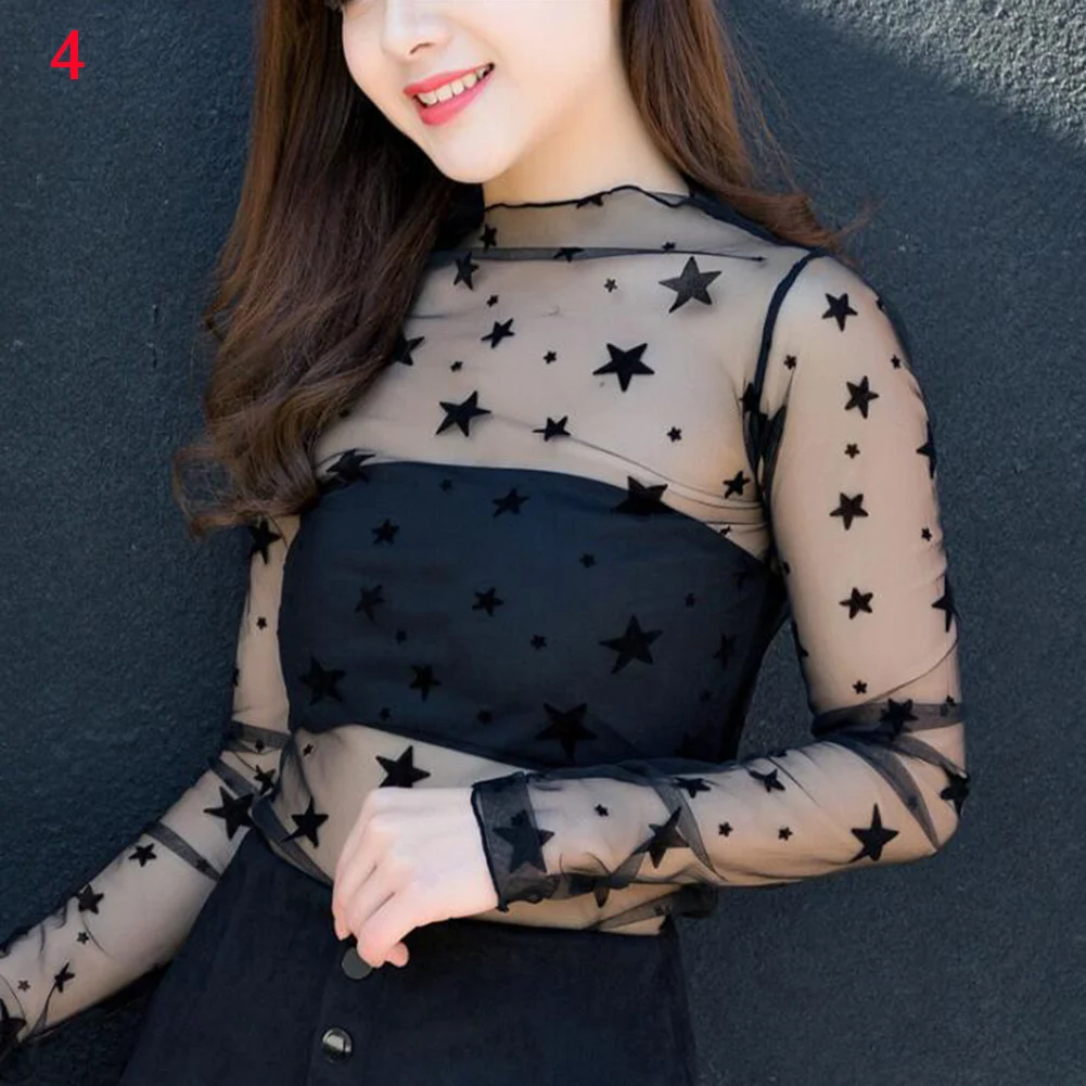 

New Fashion Women Mesh T-Shirts Sheer Party Long Sleeve Blouses Ladies Tops Popular Undershirt Sexy Transparent Base Top Elegant