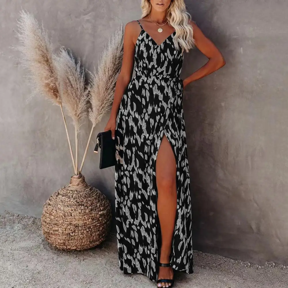 

Strappy Dress V-neck Sexy Zebra Print Side Split Backless Dress-up Spaghetti Strap Tight Waist Ladies Female Clothes Soft Women
