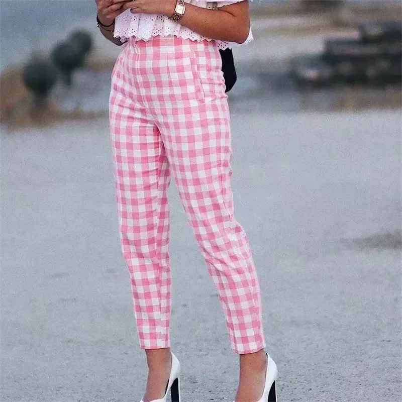 

2023New Office Lady Fashion Pink Plaid Suit Cotton Long Pants Women 2021 Summer Za High Waist Zipper Straight Chic Trousers