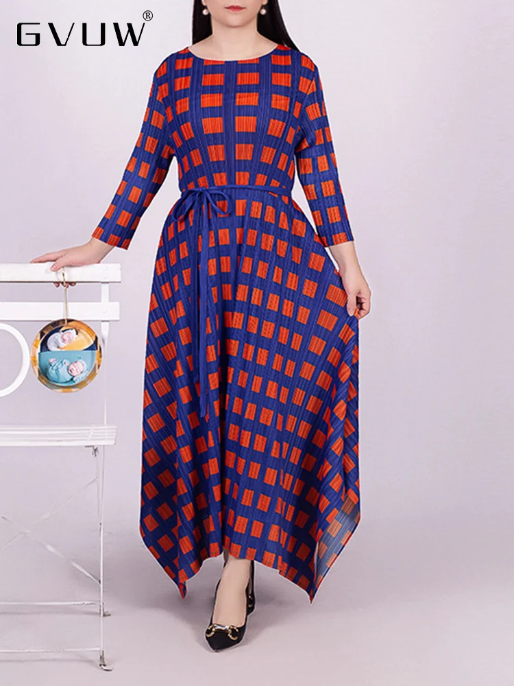 

Женское плиссированное платье GVUW, клетчатое свободное платье с круглым вырезом и длинным рукавом, с принтом в стиле колор блок, модель 17J0565 на лето, 2023