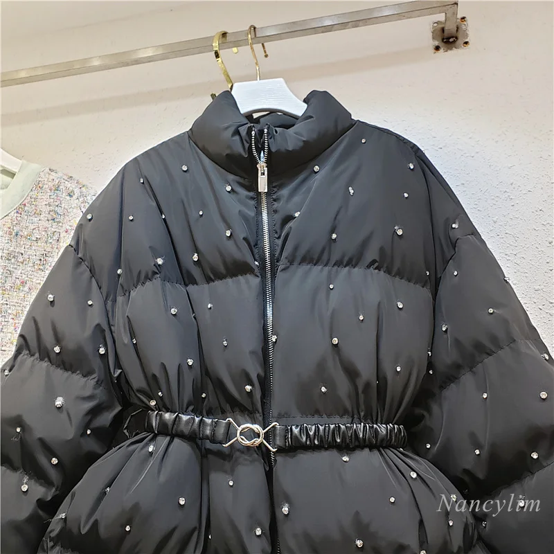 New Style Rhinestone Beaded Belt Belt Cotton Clothes Women's 2021 Winter Mid-length Thick Parka Coat Korean Warm Jacket