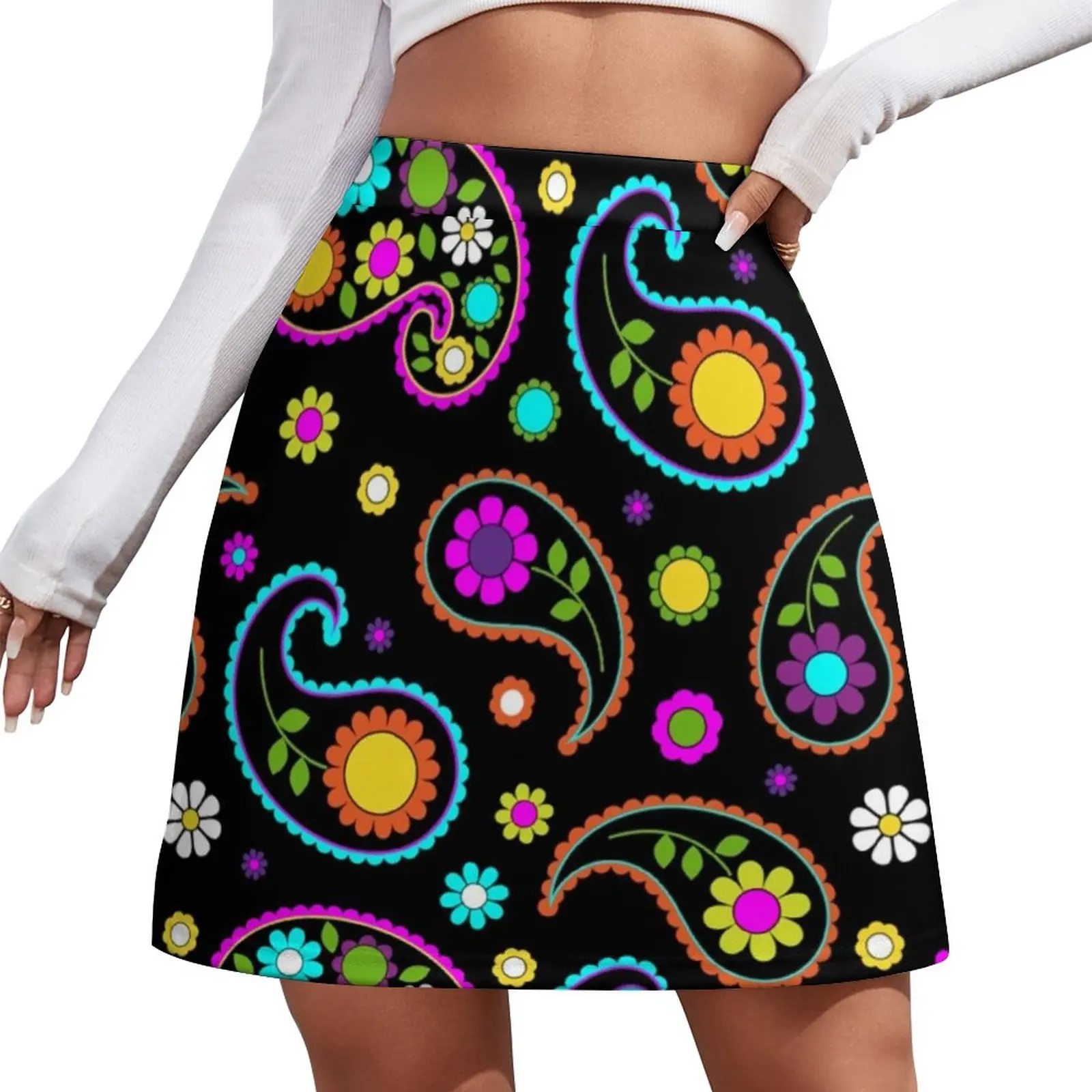 

Retro Groovy Hippy Skirt Paisley Floral Print Street Fashion Casual A-line Skirts Retro Mini Skirt Lady Custom Oversized Bottoms