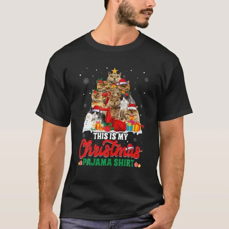 Фото This Is My Christmas Pajama Selkirk Rex Tree Cat Loves Футболка из 100% хлопка с круглым вырезом и коротким рукавом Повседневная мужская футболка Размер S-3XL №1
