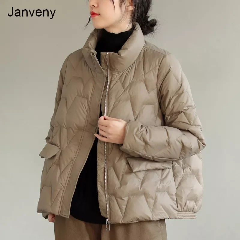 

Janveny Ultra Light Down Jacket Women Winter Stand Collar Feather Puffer Coat 90% White Duck Down Parkas Solid Color Outerwear