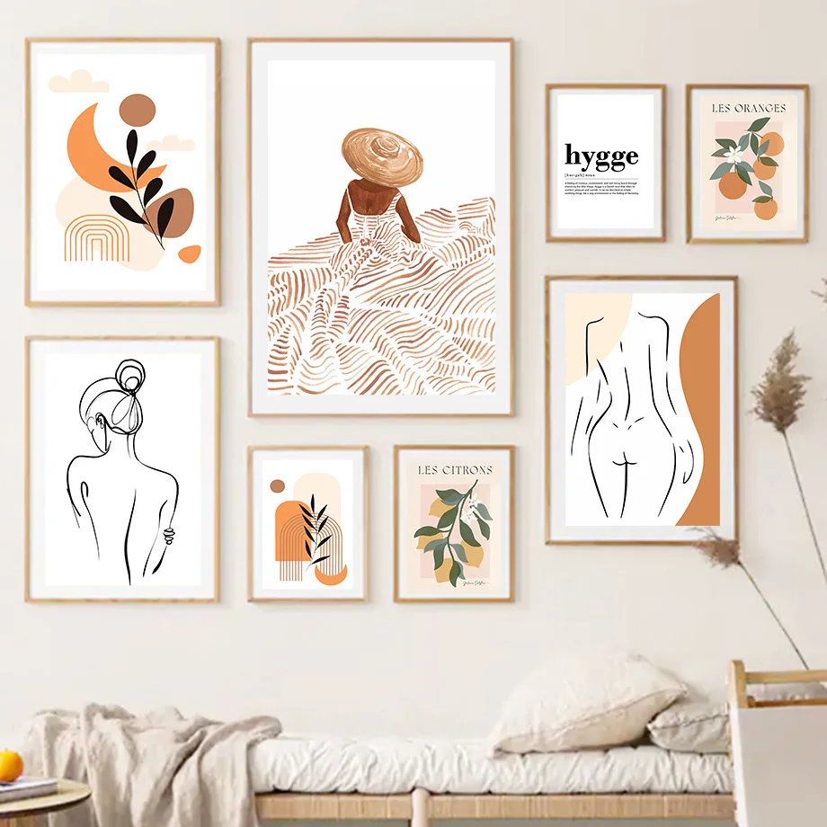 

Boho Watercolor Nordic Posters And Prints Line Girl Lemon Peach Abstract Art Canvas Painting Wall Pictures For Living Room Decor