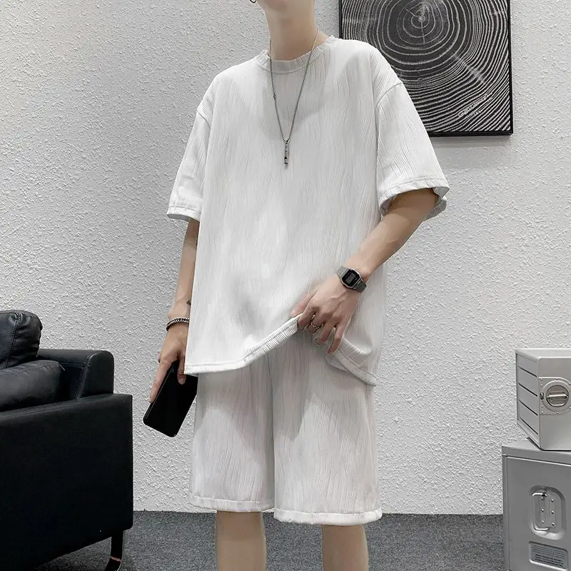 M-5XL Loose Ice Silk Casual Sports Suit Men's Summer Short-sleeved Shorts Straight Pleated Sports Pants Speed Dry 2 Piece Sets