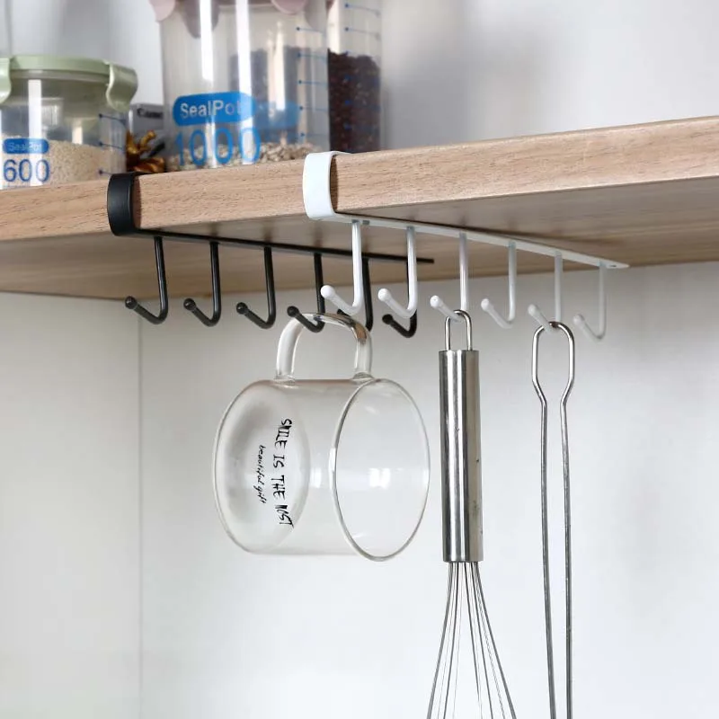 1pc 6 Hooks Metal Under Shelf Mug Cup Cupboard Kitchen Storage Organizer Hanging Rack Holder for Bathroom | Дом и сад