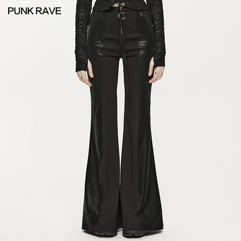 PUNK RAVE Women's Punk Multi-segmental Spliced Faux Leather Flare Pants Elastic Faux Leather Spliced Both Sides Women Trousers