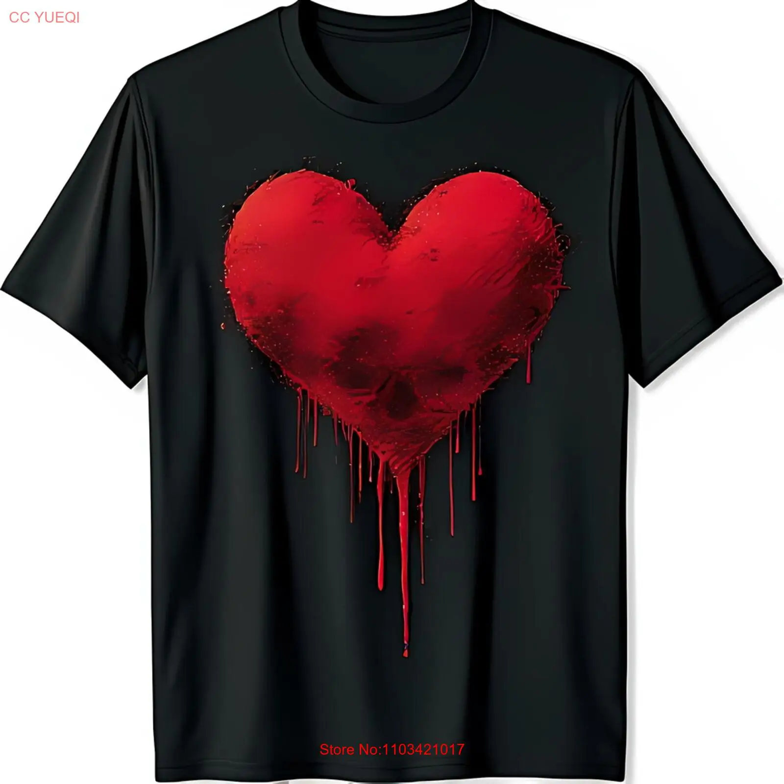 Смелая черная футболка с ярким капающим красным сердцем и рисунком