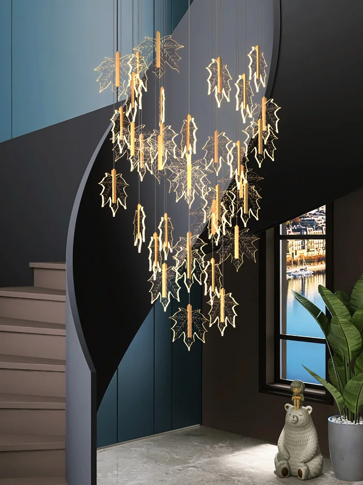 

Stairs Chandelier Villa Sales Department Duplex Building Creative Simple Art Maple Leaf Bar Living Room Iron Art Lighting