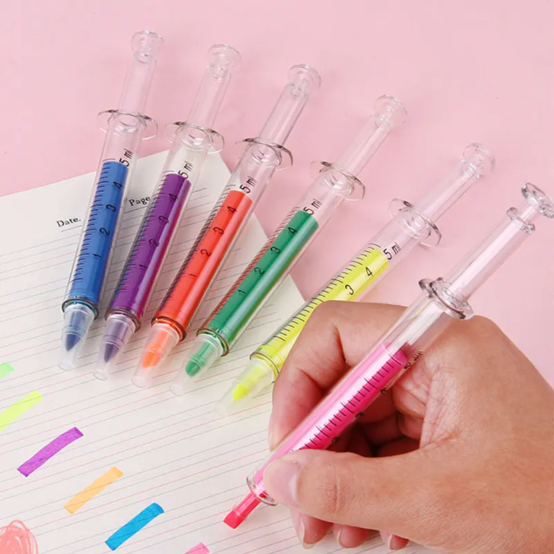 

6Pcs Nurse Pen Novelty Highlighter Pen Stationery Syringe Highlighter Fluorescent Needle Tube Watercolor Nite Writer Pen