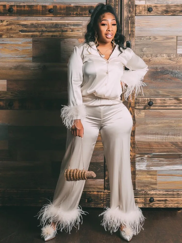 

Chic Feather Sleeve Satin Two-piece Set For Women 2022 Autumn New Solid Color Elegant Fashion Suit Shirt And Straight Pants Sets