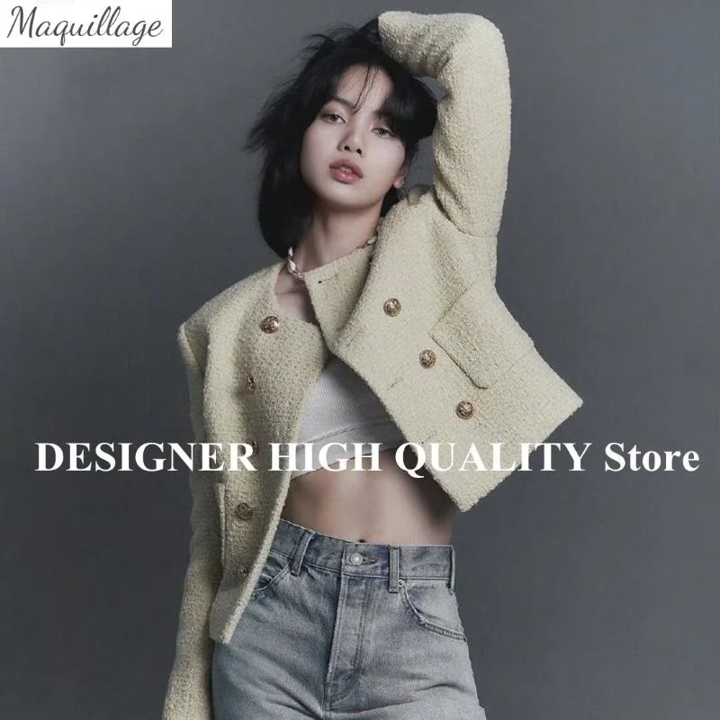 

Women's Wool & Blends 2022 Spring Fashion O-neck Gold Double Breasted Short Design Tweed Jacket Yellow Pocket 78% Casual Retro