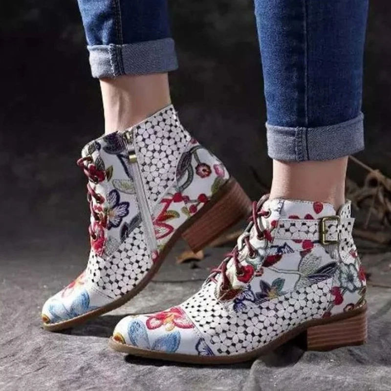

Ботильоны женские из коровьей кожи с цветочным принтом и шнуровкой