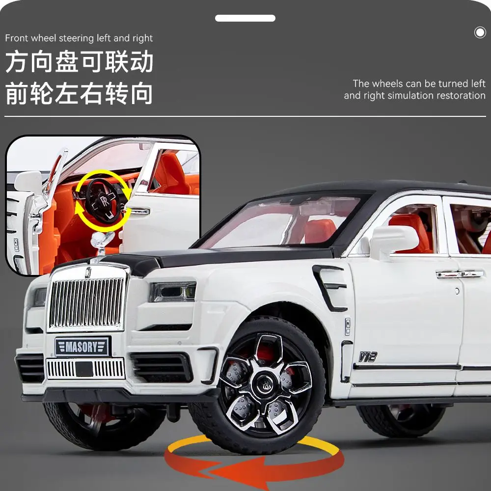 Фото Машинка-модель Rolls Royce Cullinan Mansory 1:24, внедорожник из сплава, шесть открывающихся деталей, полноприводный, с амортизаторами, рулевым управлением, светом и звуком, для настольного дисплея, подарок №3