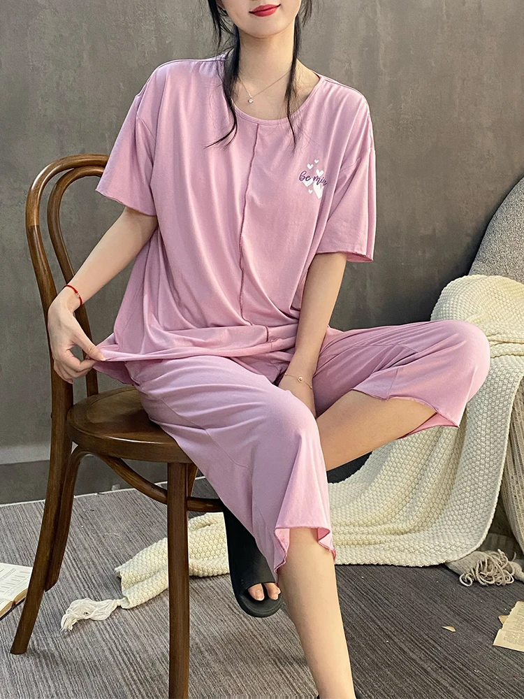 Cropped Pants Summer Women's Pajamas With Chest Pad One Short sleeve Modal Thin Wear-Free Bra Nipple Coverage Homewear