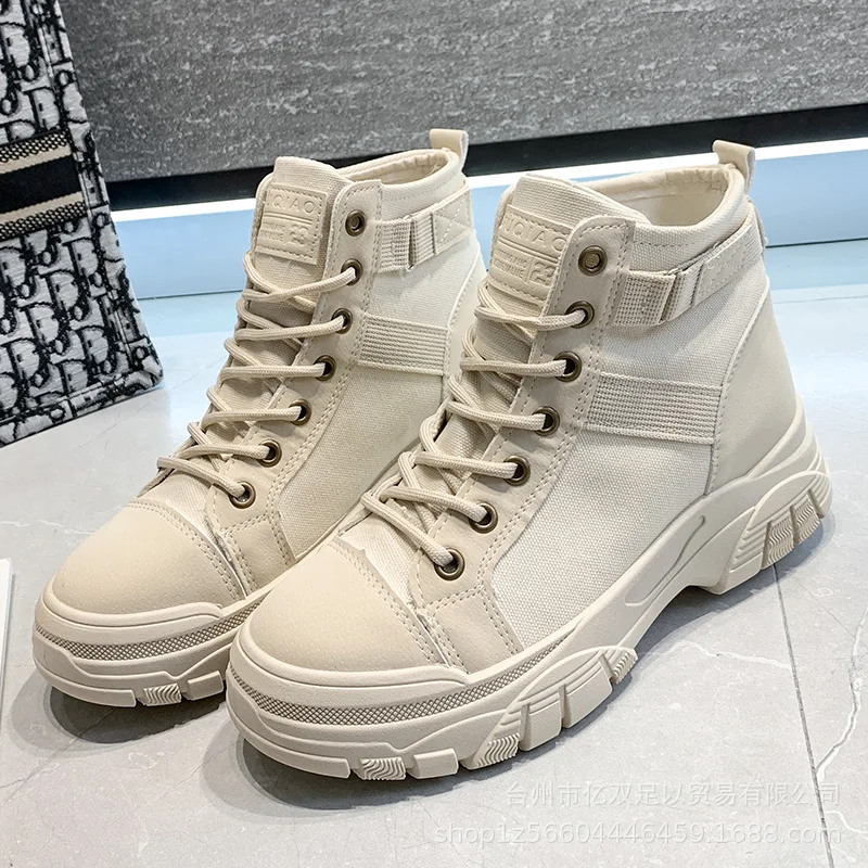 Autumn 2022 New Boots Women Wedges Thick-soled Canvas Women's Shoes High Top Lace Up Round Toe Ankle Boot Botas De Mujer