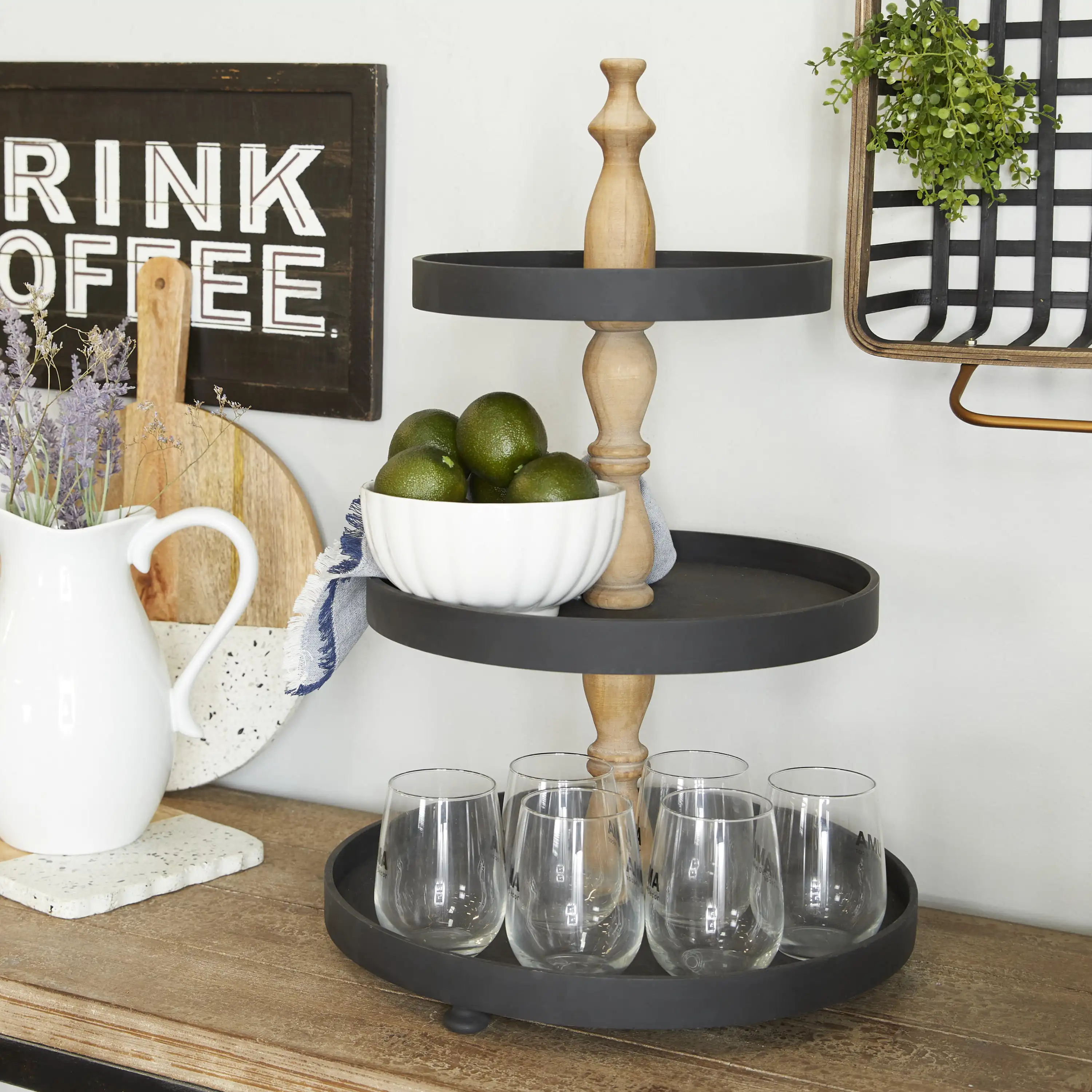 

16"W, 24"H Wood Farmhouse Tiered Server, Black, 1-Piece