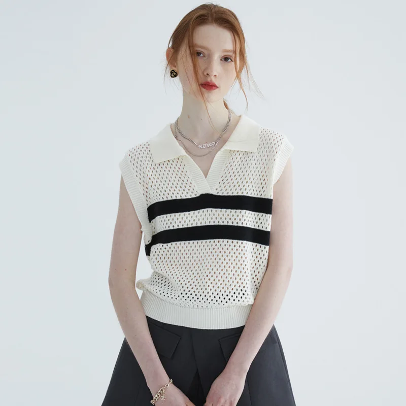 

2023 Spring Summer Tops Sweater Vest Casual Girl Striped Lapel Knitwear Loose Polo Collar Summer Hollow Top Women's Clothing