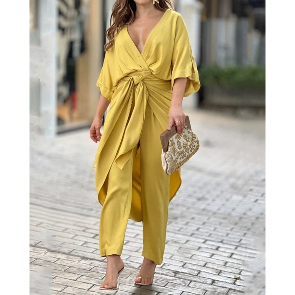 Lady Solid Elegant Two Pieces Set Women Short Sleeve V-Neck Long Top & High Waist Pencil Pants Set Elegant Woman Clothing