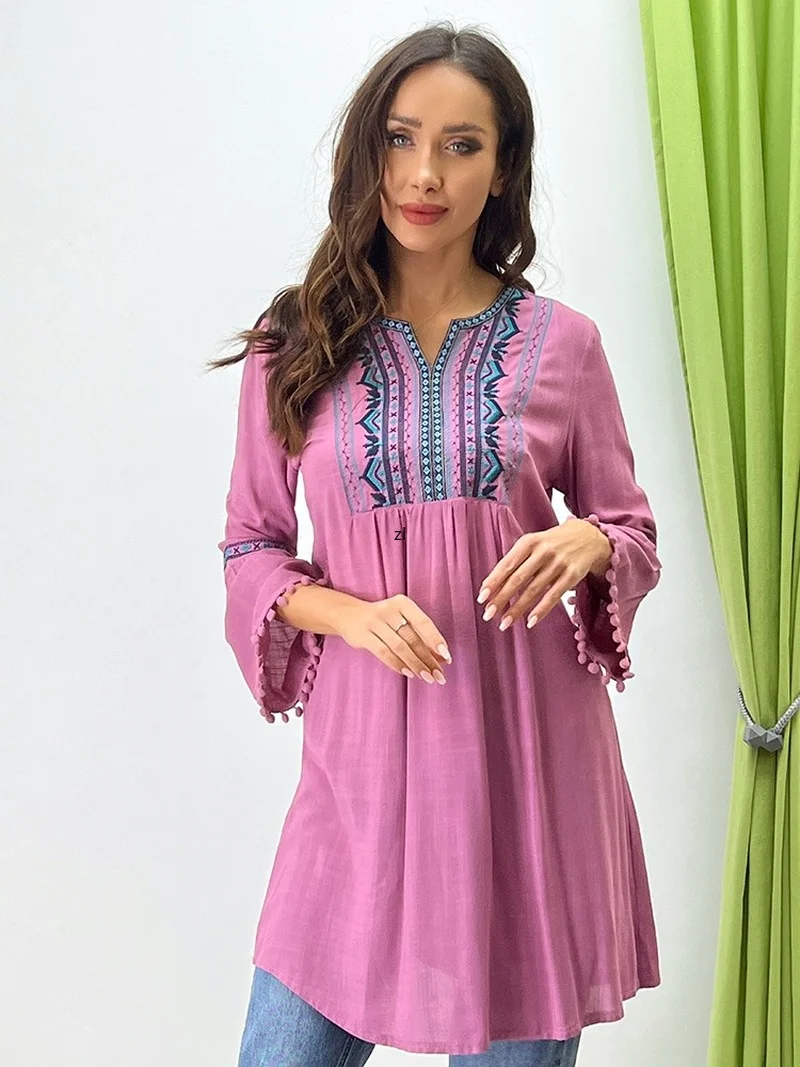 

Cotton Linen Ethnic Embroidered Summer Dress 2022 Women Loose Casual Mini Bohemian Dresses V-Neck Flare Sleeve Tassel