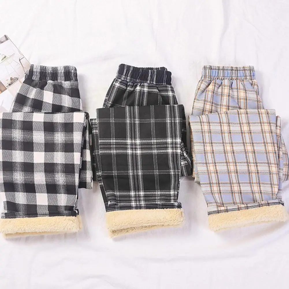 

Autumn And Winter Thick Warm Checkered Pants Plaid Casual Student Women Wide-leg Straight-leg Thick Pants High-waist Trouse K8x3