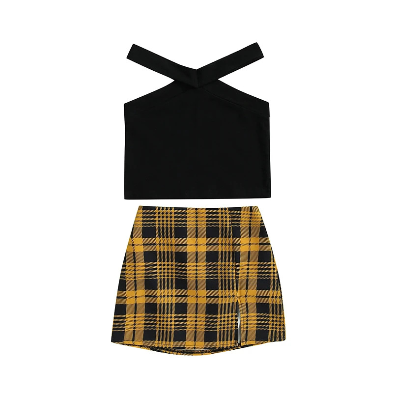 

Pudcoco 1-6Years 2Pcs Summer Halter Sleeveless Vest Camisole Tanks Tops+Plaid Print A-Line Split Skirt Sets New Fashion