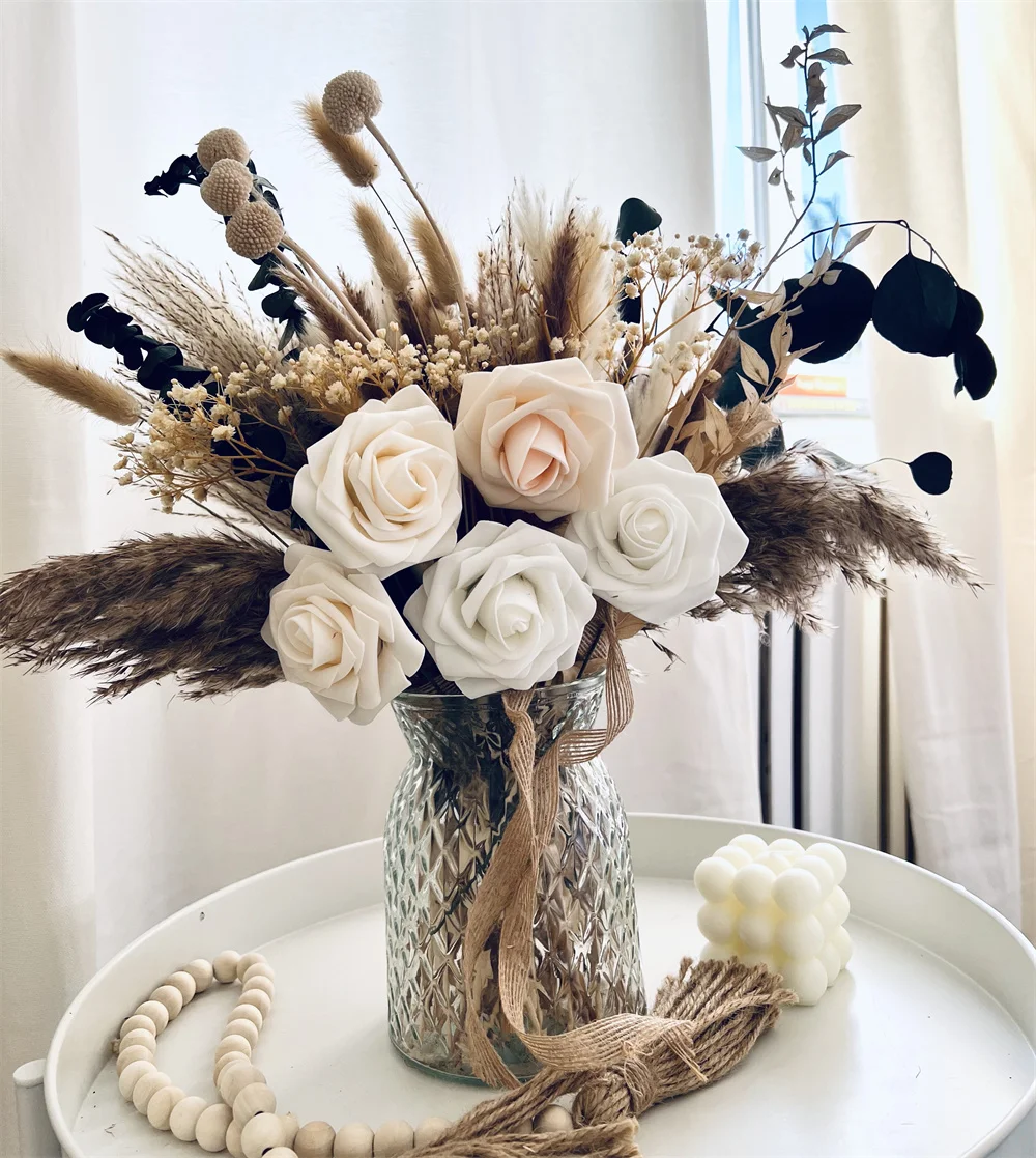 

100pcs Artificial Rose Flower Arrangements for Vase Home Decor, Natural Dried Pampas Grass For Table Floral Centerpieces Decor
