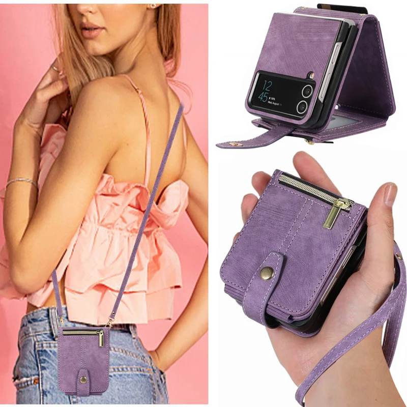 

Leather Crossbody Case For Samsung Galaxy Z Flip 4 Cover Cross Body Strap Elegant Wallet Cards Holder Capa For Samsung Z Flip 3