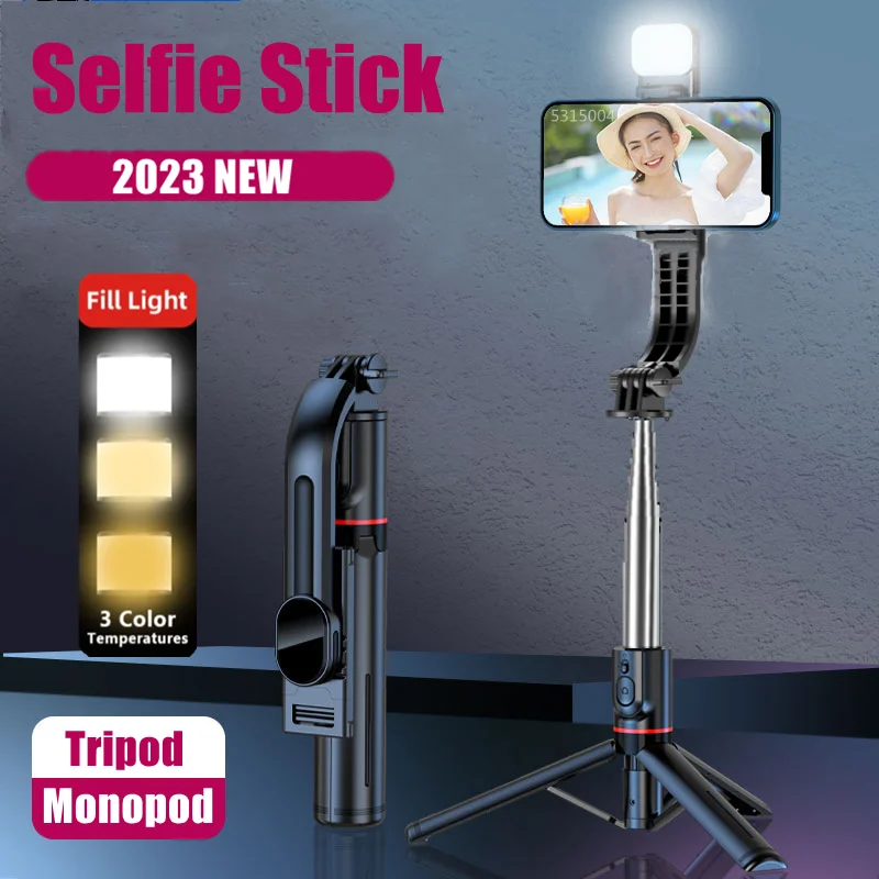 FANGTUOSI 2023 NEW 1160mm Wireless Bluetooth Selfie Stick Tripod with Bluetooth Shutter Fill Light Monopod for IOS Android