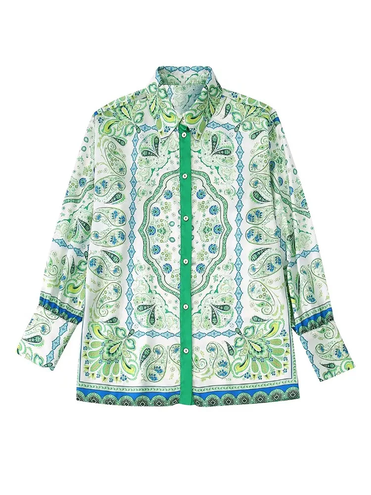 

xikom 2022 Women Fashion Flowing Printed Satin Shirts Vintage Long Sleeve Button-up Female Blouses Blusas Chic Tops