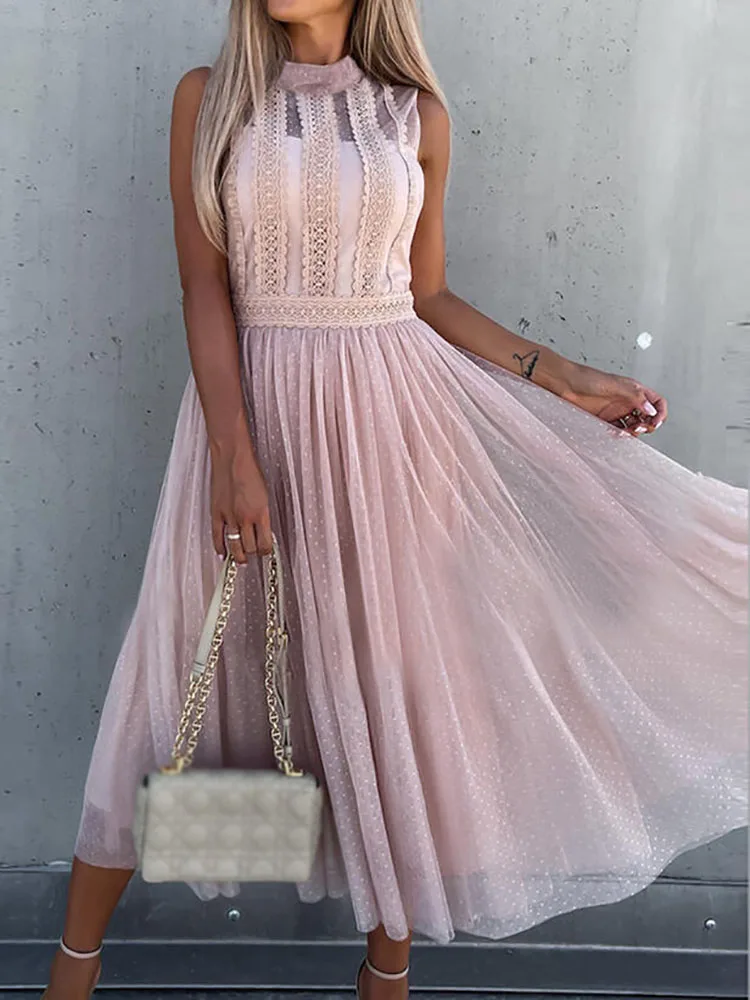 

Summer Ladies Elegant Mesh Patchwork Lace Dress Fashion Sleeveless O Neck Pleated Long Dress Women Casual Waist Big Hem Dresses