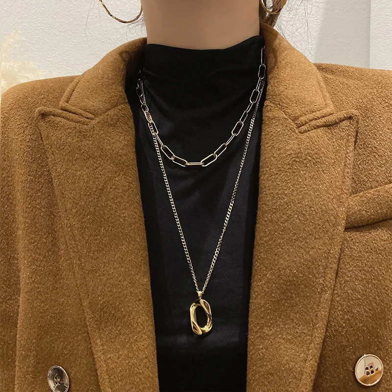 

Modern Jewelry Oval Metal Pendant Necklace Popular Design Hot Sale Two Layer Sweater Chain Necklace For Women Accessories