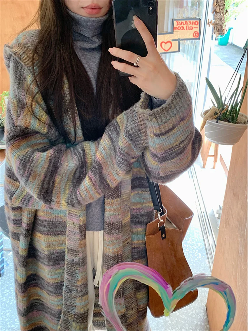 Зимние длинные свитера PLAMTEE в полоску женские шикарные вязаные приталенные